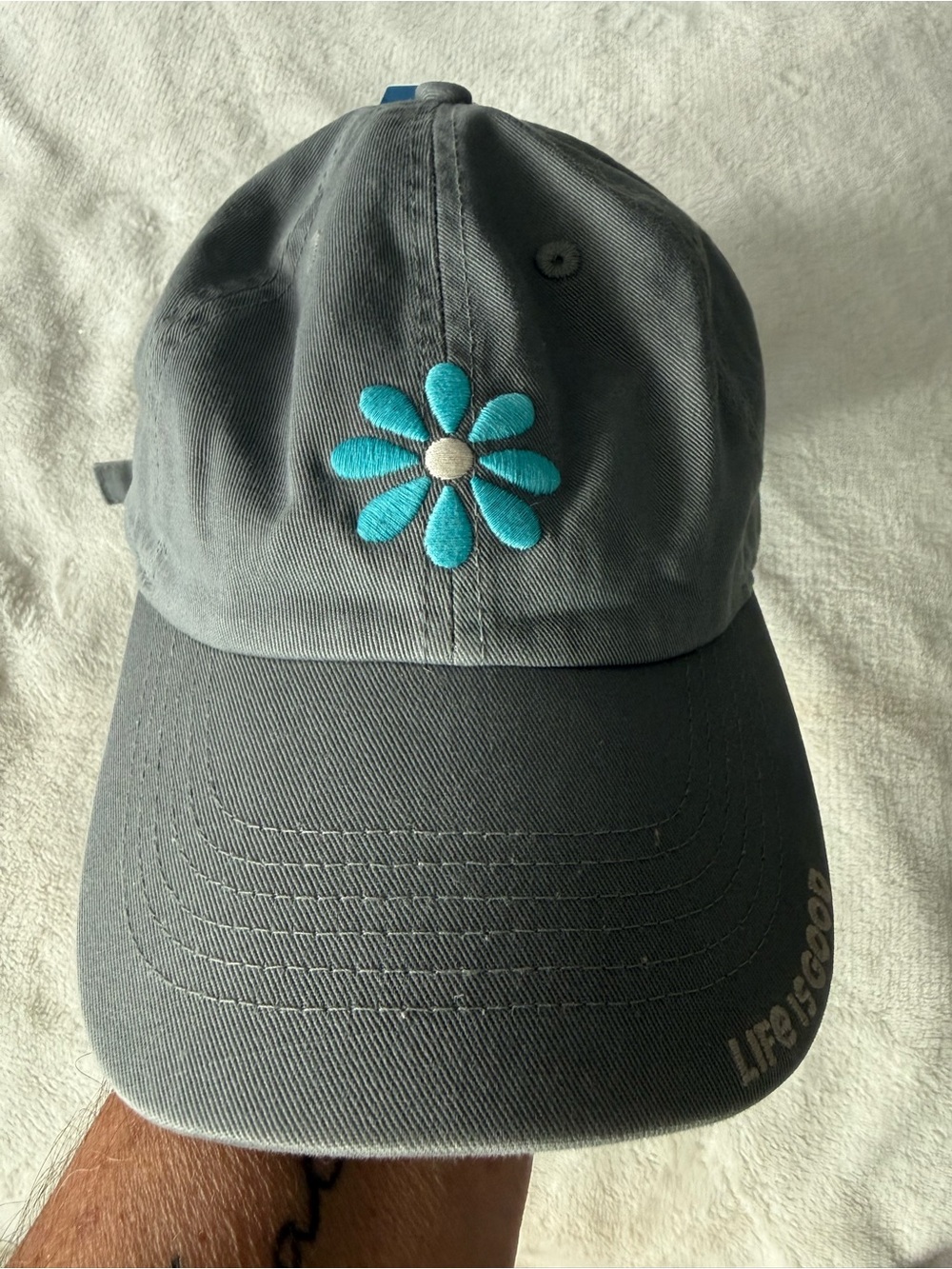Life is Good Hat Flower Front Gray Baseball Cap Strapback Adjustable OSFM